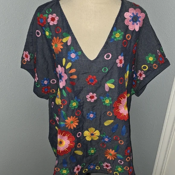 NWT Savanna Jane Dark Chambray V-Neck Tunic w/Multicolor Floral Embroidery Sz 1X - Picture 7 of 7